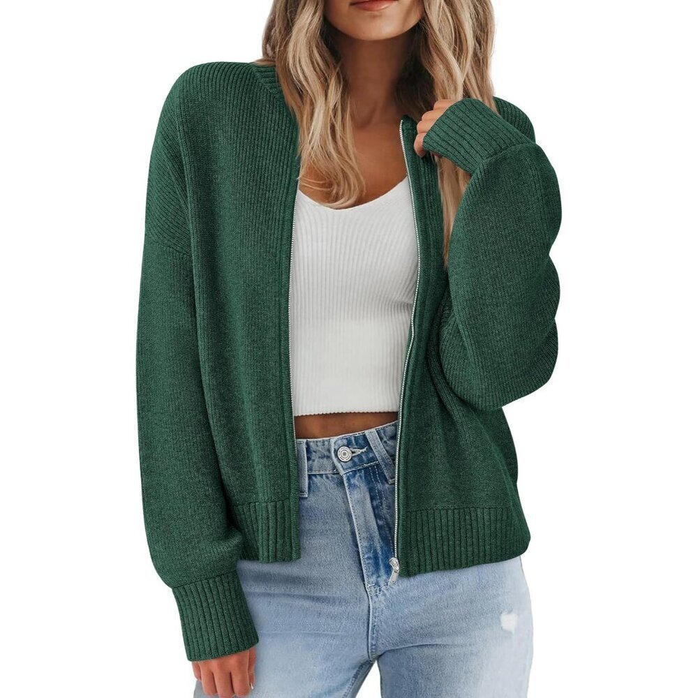 Women's Cropped Cardigan Sweater Knit Zipper Long Sleeve Fall Outerwear
